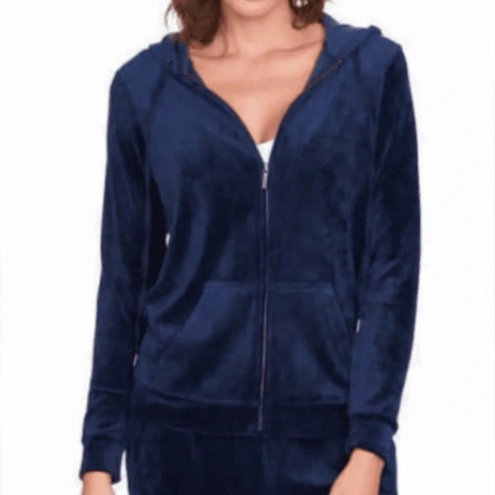 Gloria Vanderbilt | Deep Blue Velour Hoodie - Picture 2 of 7